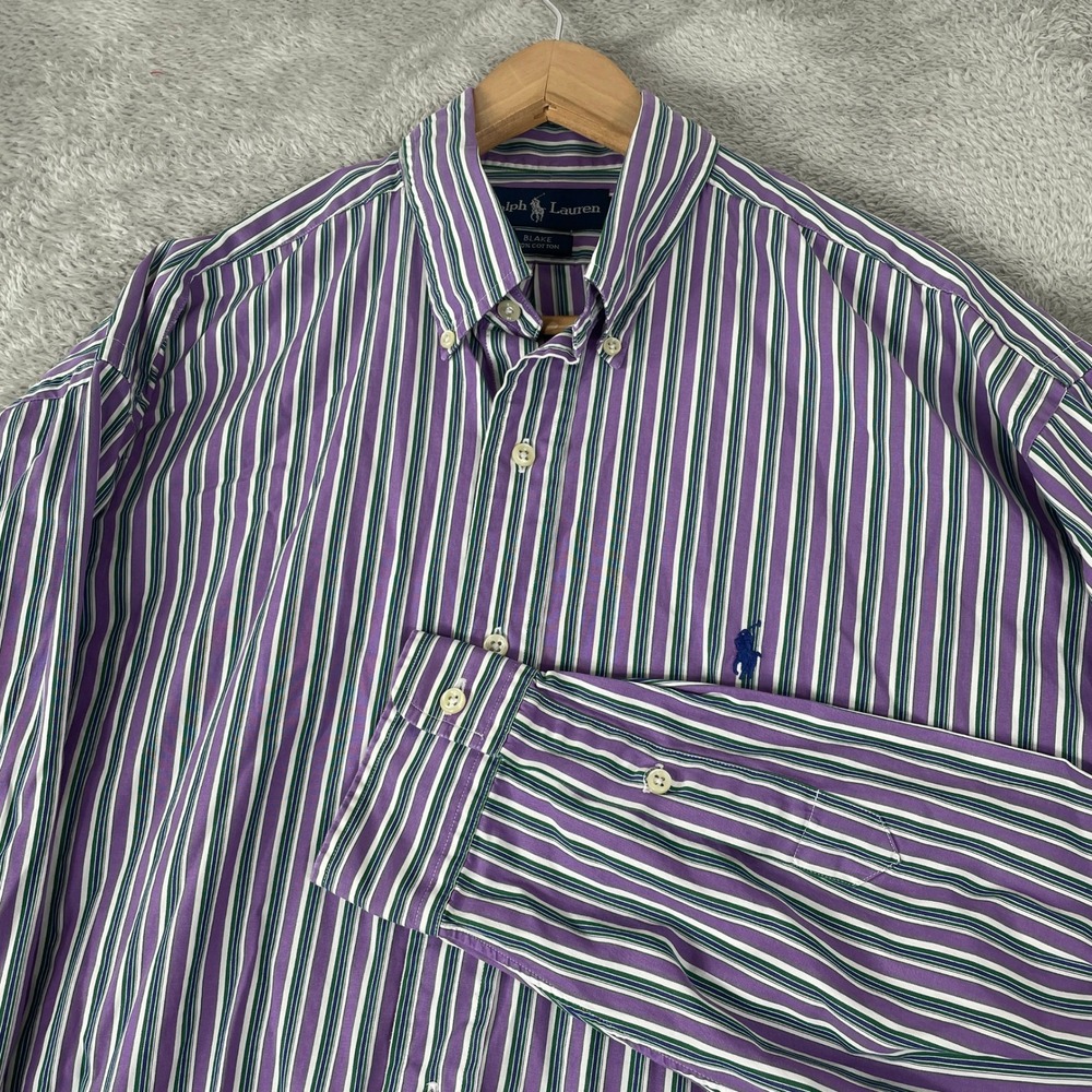 Ralph Lauren Blake Shirt Mens Large Purple Green Striped Button Down Cotton 90s